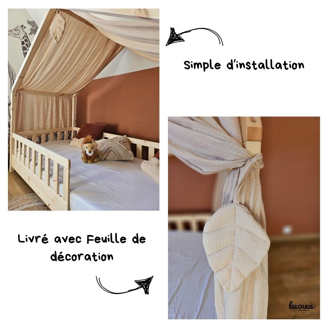 Ciel de lit cabane,100x350 cm, Coton Biologique Beige, décoration pour Chambre bébé ou Enfant. Inclus : 1 Toile lit cabane; 1 Feuille de décoration et Les Attaches Pratiques.