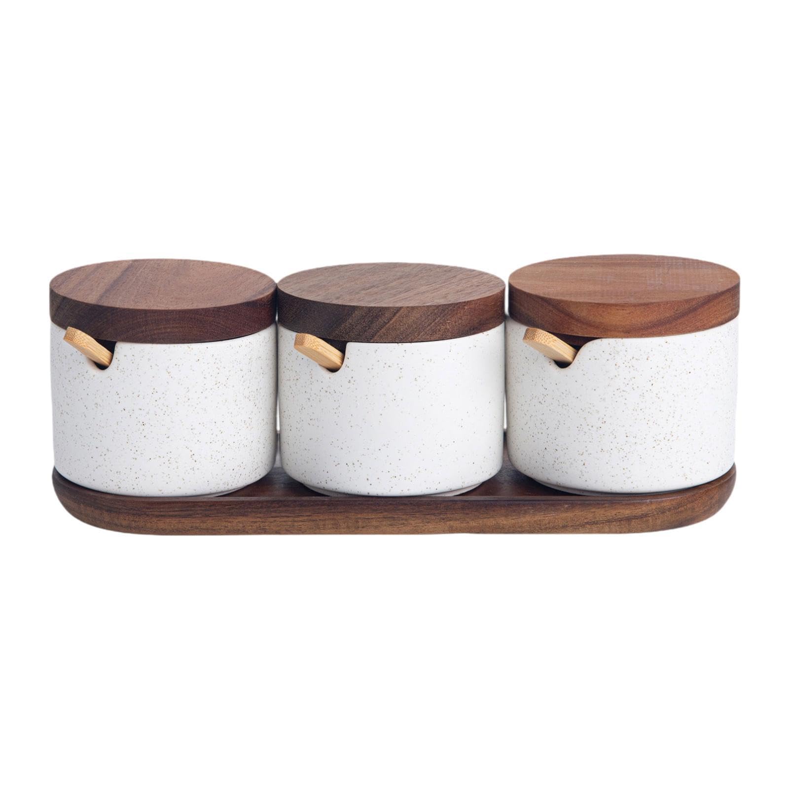 MagiDeal Barattolo per condimenti, zuccheriera in Ceramica con Coperchio in Legno, Ciotola Creativa per Sale, condimenti per tè, caffè macinato, Zucchero, casa, 3 Pezzi