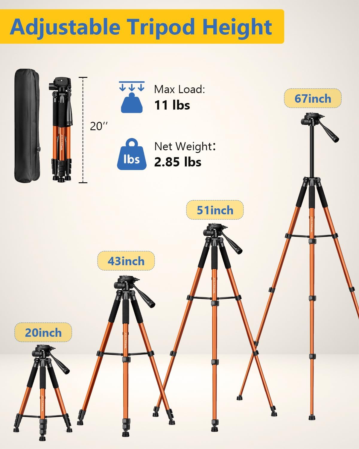 JOILCAN 67" Phone iPad Tripod, Professional Camera Tripod Stand for Tablet iPhone with 2-in-1 Holder & Carry Bag, Extendable Travel Tripod for Cellphone Camera Video Recording Live Vlog (Orange)