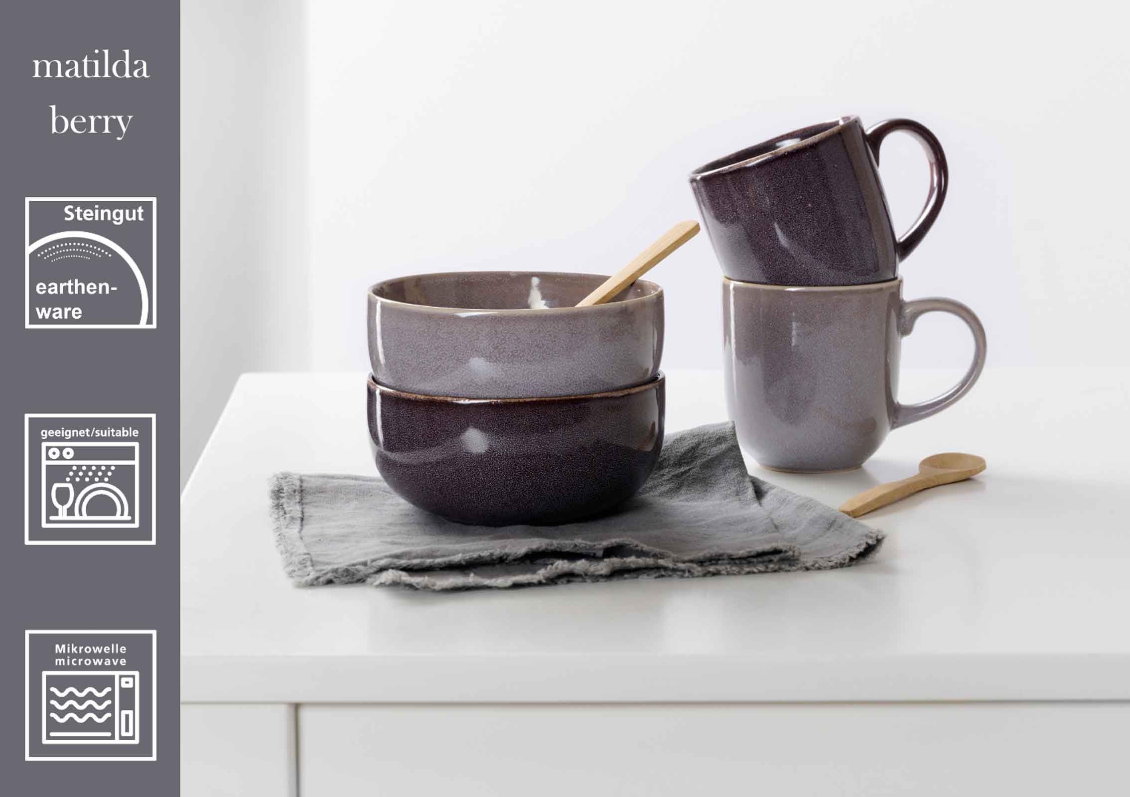 Ritzenhoff & Breker Matilda Müslischalen-Set 4-teilig, 14.5 cm, Steingut-Schalen mit Pottery-Charme und Reaktivglasur, Spülmaschinengeeignet, Berry