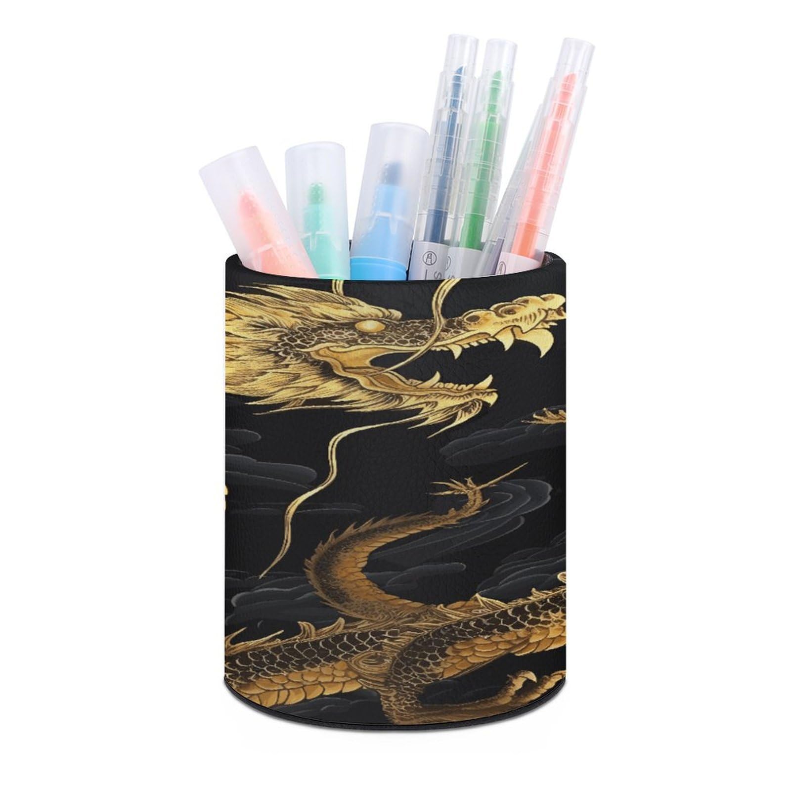 LDGSUPH Yellow Dragon Black Background Round Pen Holder Leather Pen Cup Pencil Cup Pen Organizer Pencil Holder for Desk Organizer Pencil Organizers Makeup Brush Holders for Home Office Gift