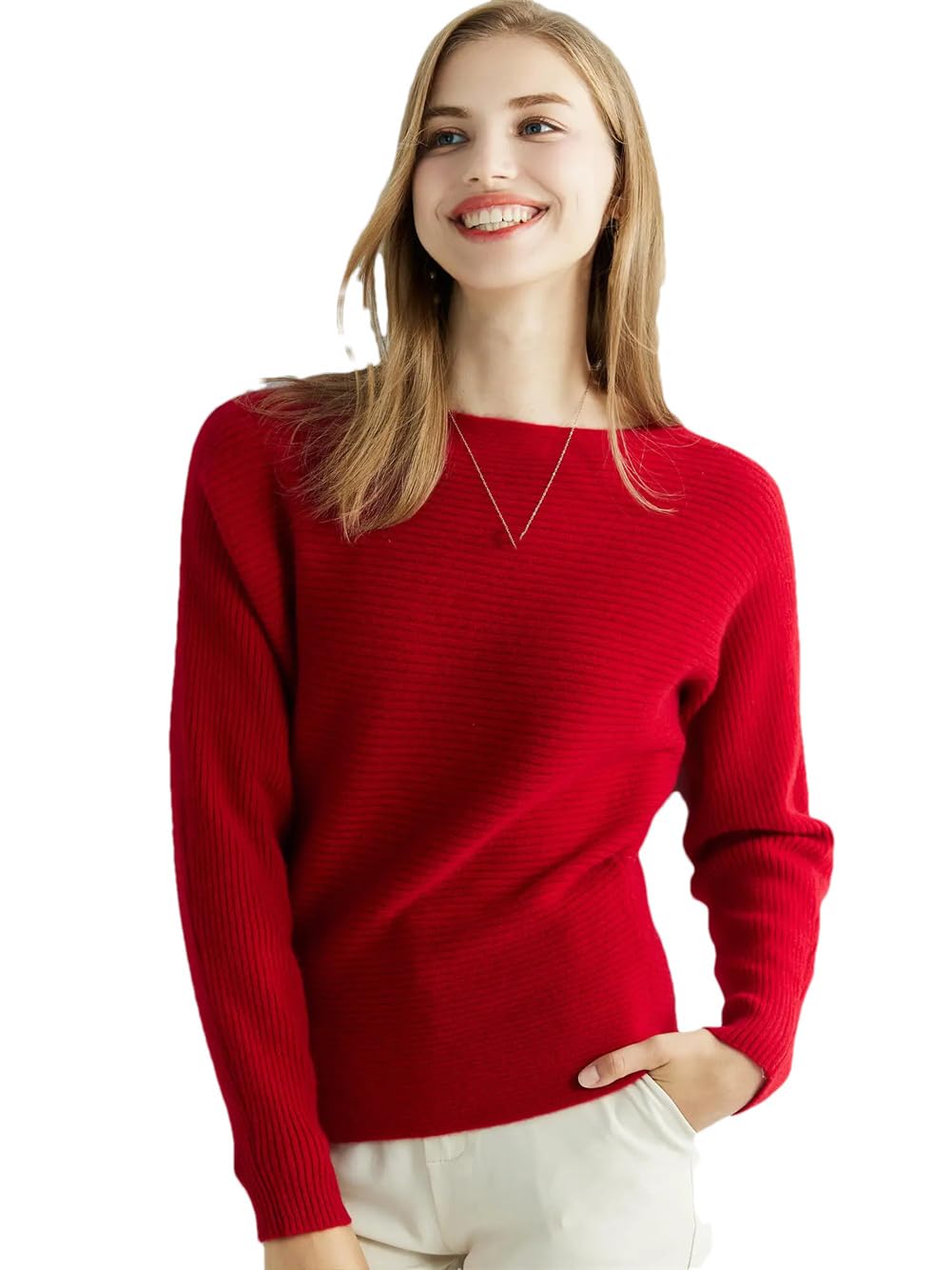 Maglione da donna in 100% lana merino, girocollo, maniche a pipistrello, tinta unita, maglione di base
