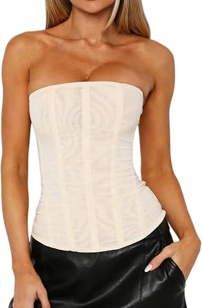 Luckinbaby Women Y2k Bustier Tops Mesh Strapless Boned Overbust Corset Tops