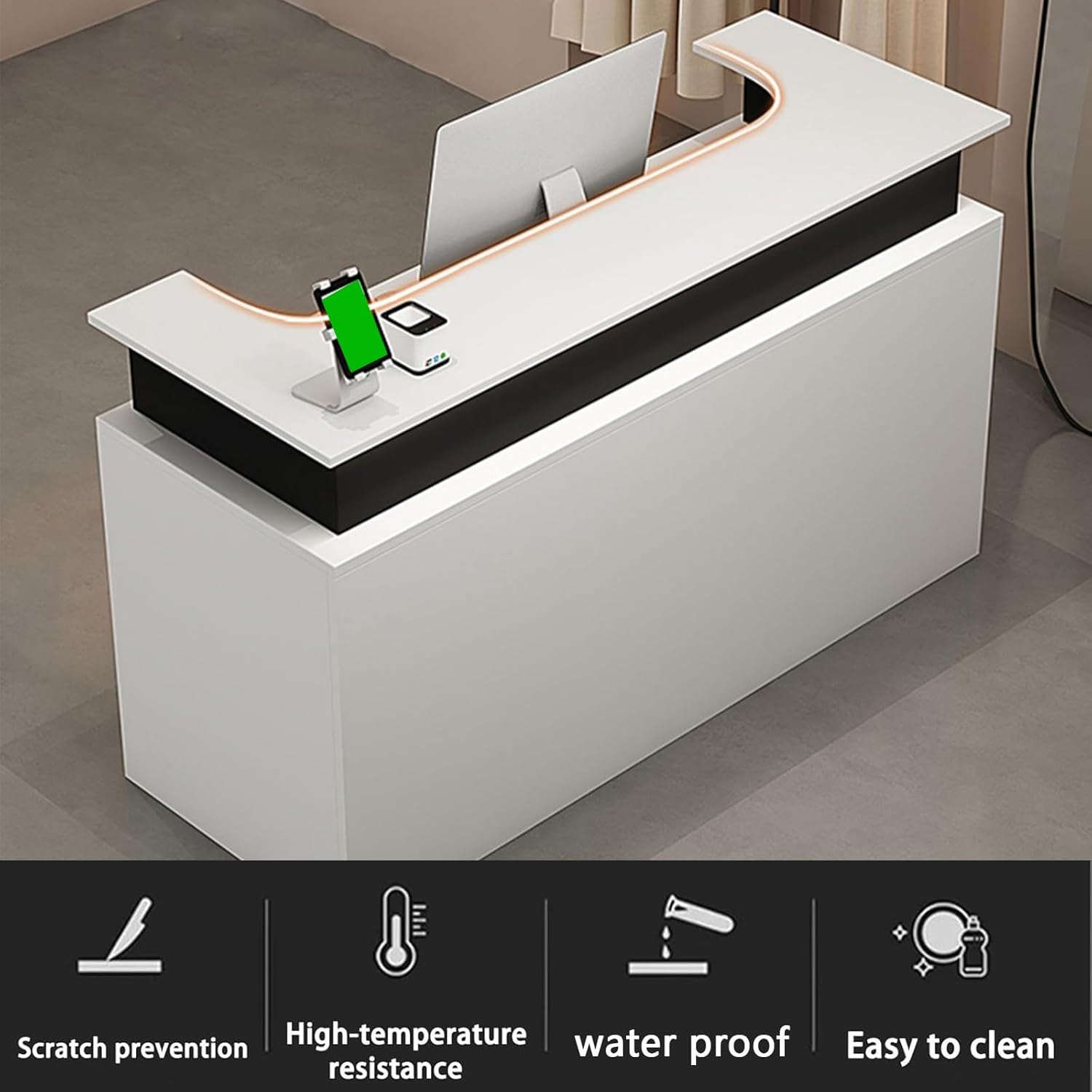 Reception Desk,Modern Checkout Counter with LED Light,Front Desk with Lockable Drawer & Private Counter,for Checkout, Lobby, Beauty Salon and Office,Reception Counter(A,100CM/39.4IN)