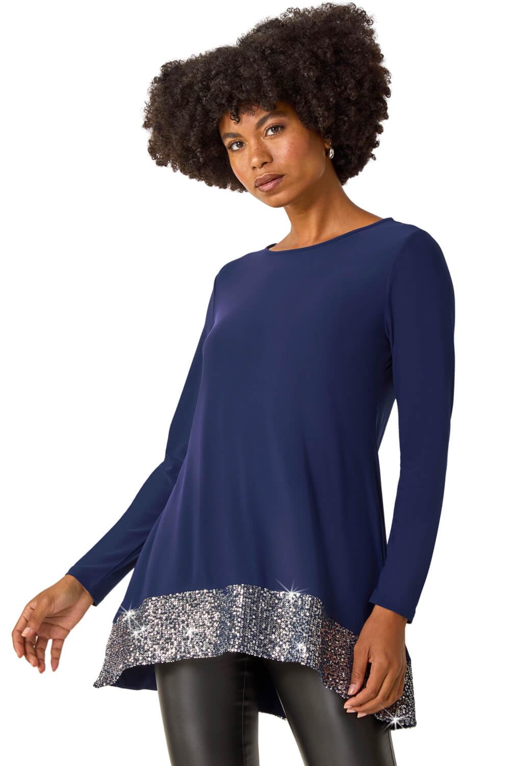 Roman Originals Women's Blue Roman Sequin Hem Tunic Stretch Top For Uk - Autumn Everyday Winter Holiday Round Neckline Comfy 3/4 Sleeve Soft Sparkle Shirt Desk To Dinner Blouses - Navy - Size 14