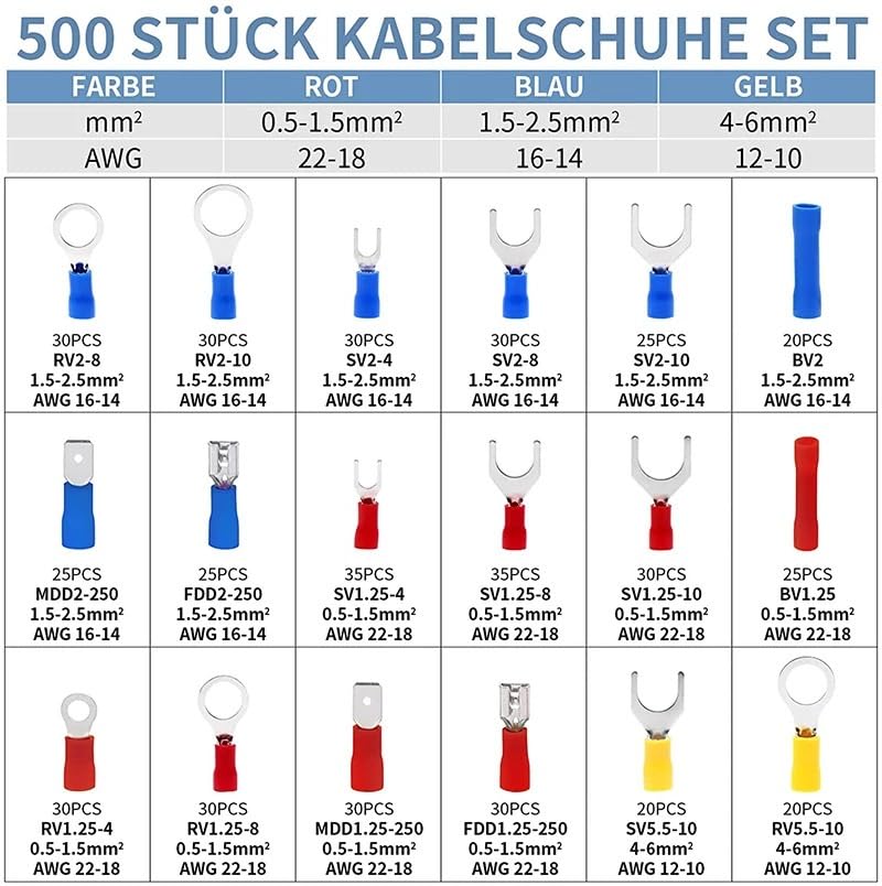 500pcs Cold-Pressed Terminal Spade Crimp Terminal Assorted Electrical Wire Cable Connector Insulated Ring Fork Butt Ring Lugs VUQLDHAYZ