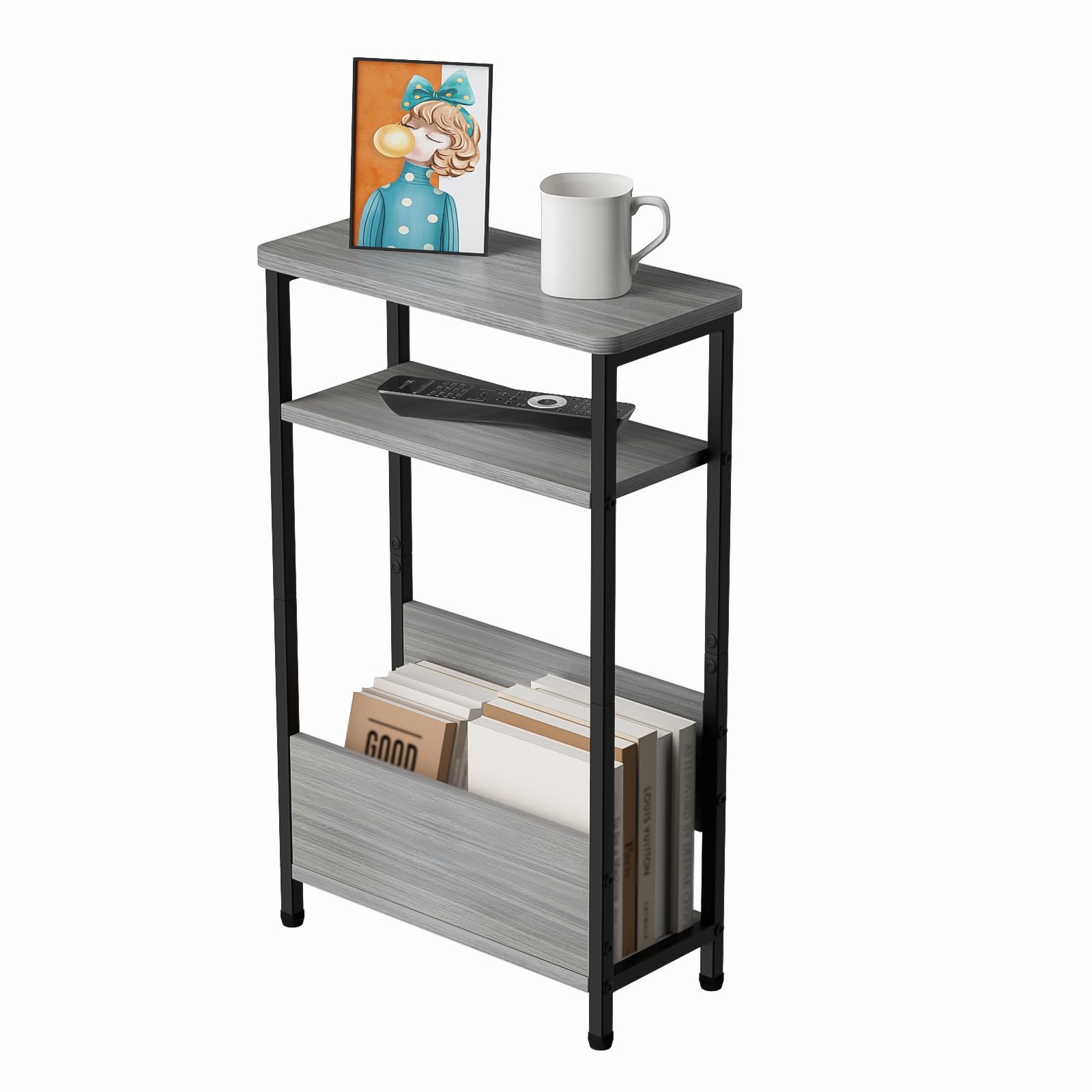THUMEYE 7.1" Narrow Side Table for Small Spaces, 3 Tier Small End Table with Magazine Holder, Slim/Skinny Nightstand/Bedside Table for Living Room,