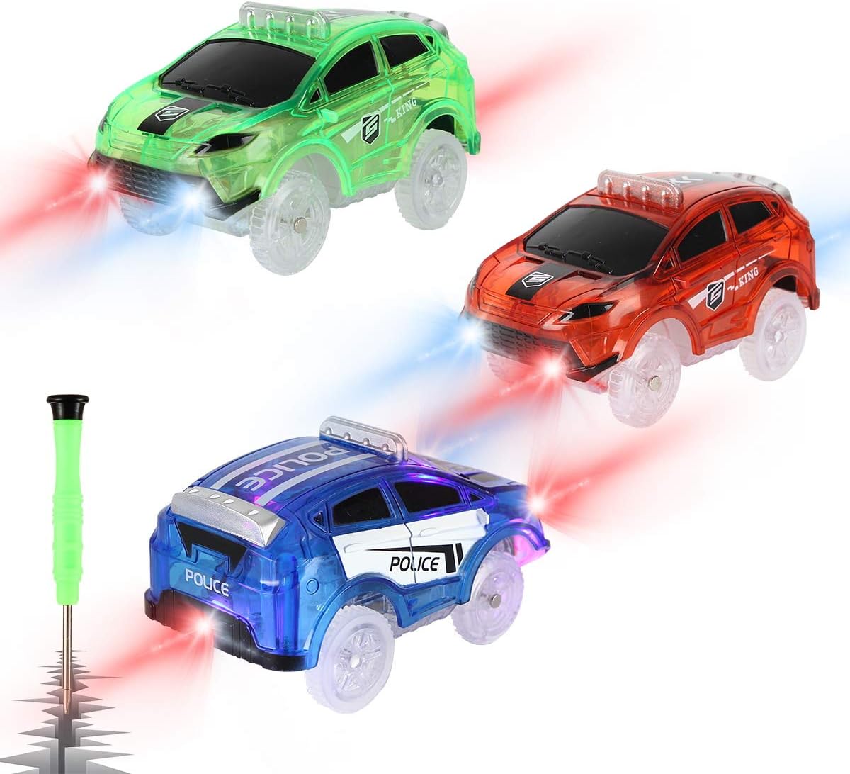 Tracks Cars Replacement only, Toy Cars for Magic Tracks Glow in The Dark, Racing Car Track Accessories with 5 Flashing LED Lights, Compatible with Most Car Tracks for Kids Boys and Girls(3pack)