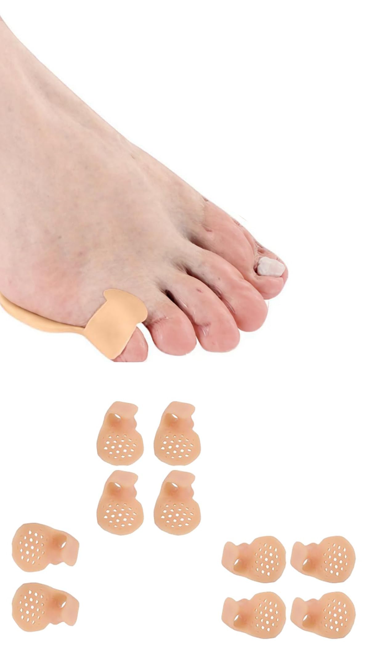 Sweet seven 10 Gel Little Toe Pads - Toe Corrector & Straightener for Pain Relief. Reduce Blisters, Corn, Friction. Beige, with Holes. 5 Pairs Included.