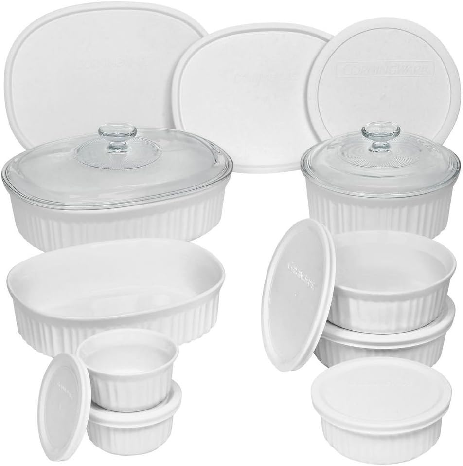 Durable Non-Porous French White 18 Piece Ceramic Made and Oven and Microwave Safe Bakeware Set with Lid by CorningWare