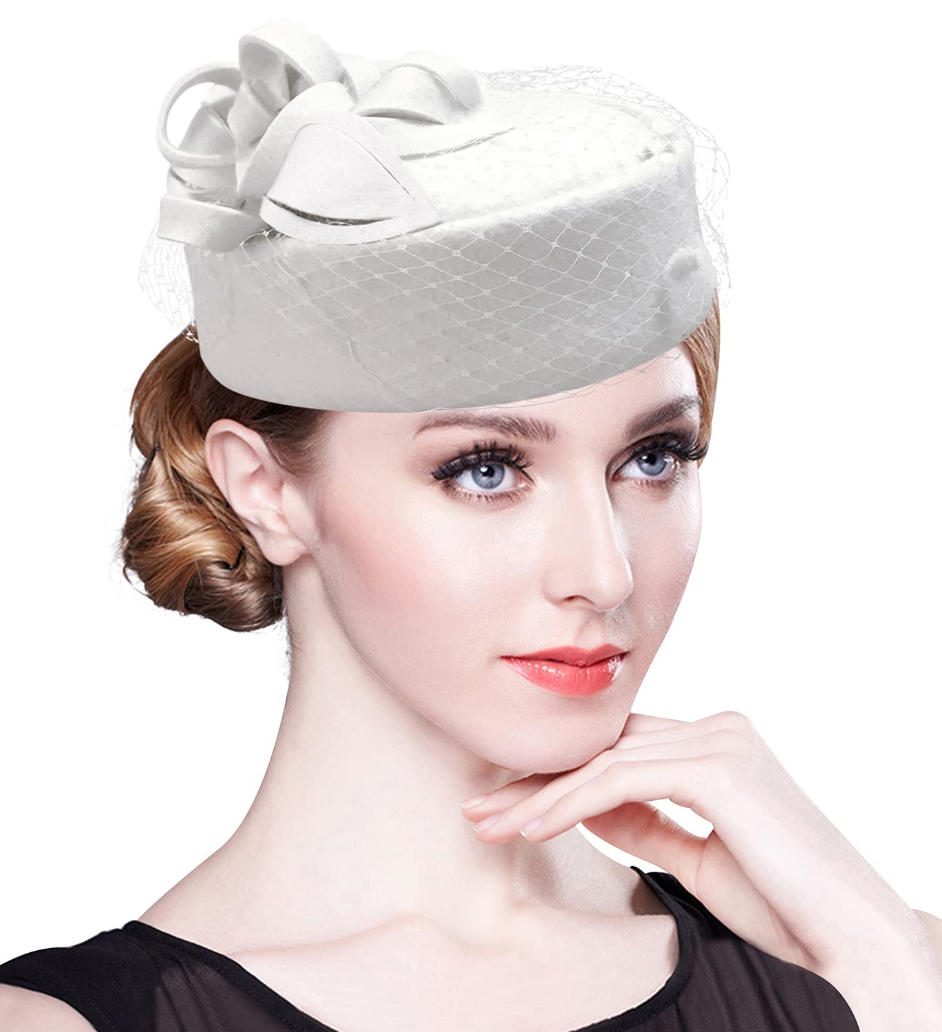 Z&XZ&X British Vintage Wool Felt Pillbox Hat Ladies Church Derby Winter Fascinator Hat Veil Flower Fedoras