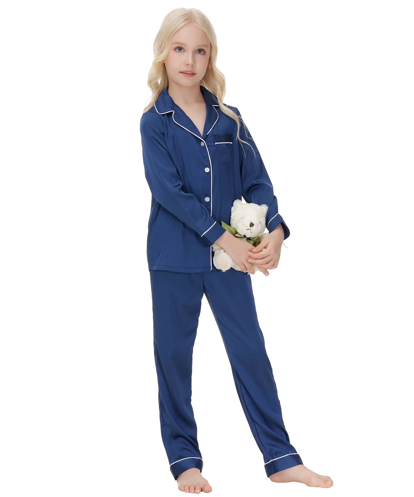 Verve Jelly Bambini Bambino Bambino Ragazza Ragazzo Pigiama Raso Set Manica Lunga Button-Down Magliette e camicette Camicia Pigiama + Pantaloni Lunghi Bottoms Pantaloni Degli Indumenti Da Notte Abiti