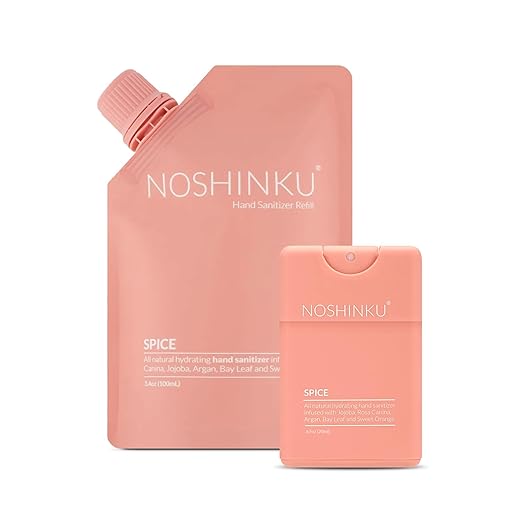 Noshinku Spice Pocket Hand Sanitizer Refill Kit: Refill Pouch + Sprayer Bundle | Organic Antibacterial Sanitizing Mist with Moisturizing Oils | FDA Registered | 70% Sugarcane Derived Alcohol