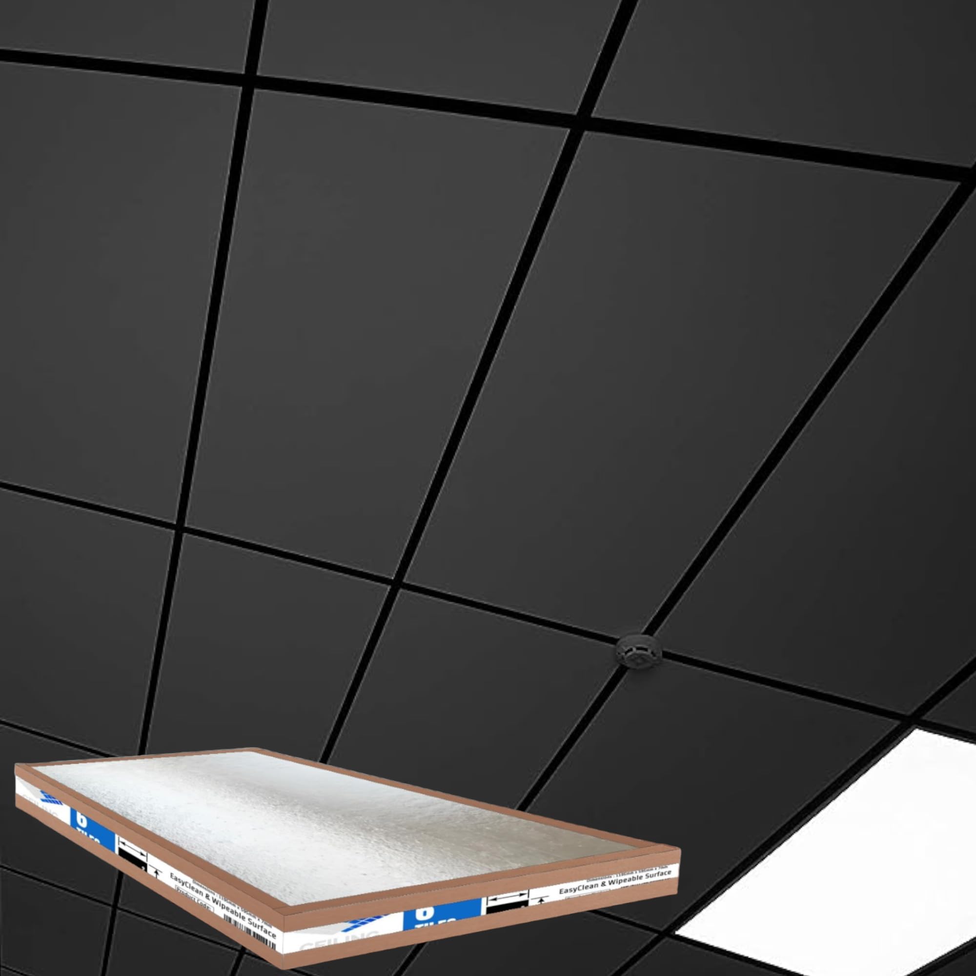 Ceiling Expert Full Black Black Suspended Vinyl Pvc Gypsum Laminated Tiles 1200 X 600 - Easy Clean & Wipe Able 1195Mm X 595Mm