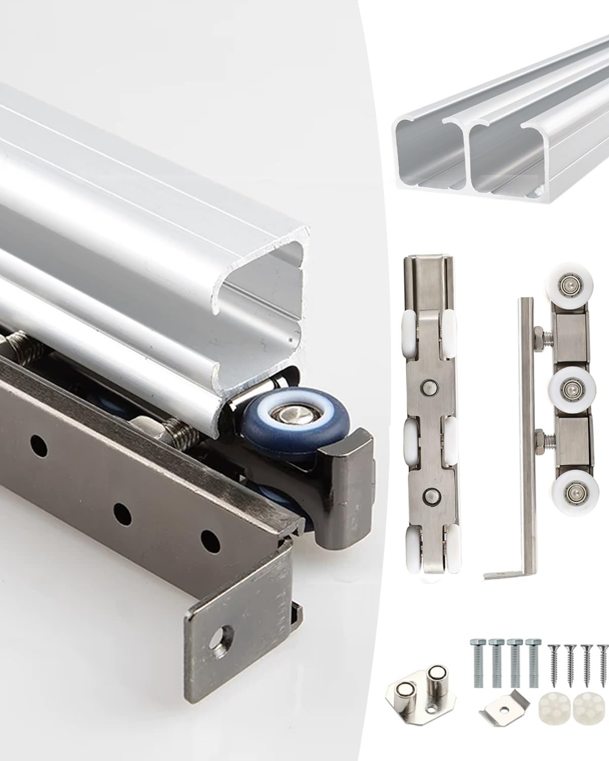 Ścieznik do Drzwi Przesuawnych Aluminiowa Szyna do Drzwi Przesuwnych Podwójnych do Pralni, Zestaw Szyn do Drzwi Stodołowych z Prowadnicą, System Prowadnic do Drzwi(118cm/46.4inch)
