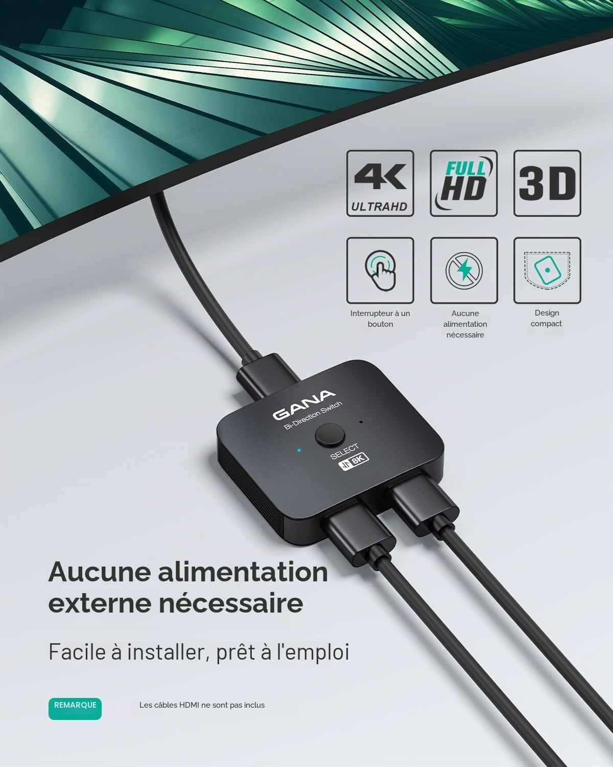 GANA Commutateur HDMI 2.1,Switch HDMI 8K 2 en 1 Sortie, Prend en Charge 4K @ 120 Hz, 8K @ 60 Hz,Compatible avec PS5/4, Xbox, Roku, Apple TV, Fire Stick,Noir