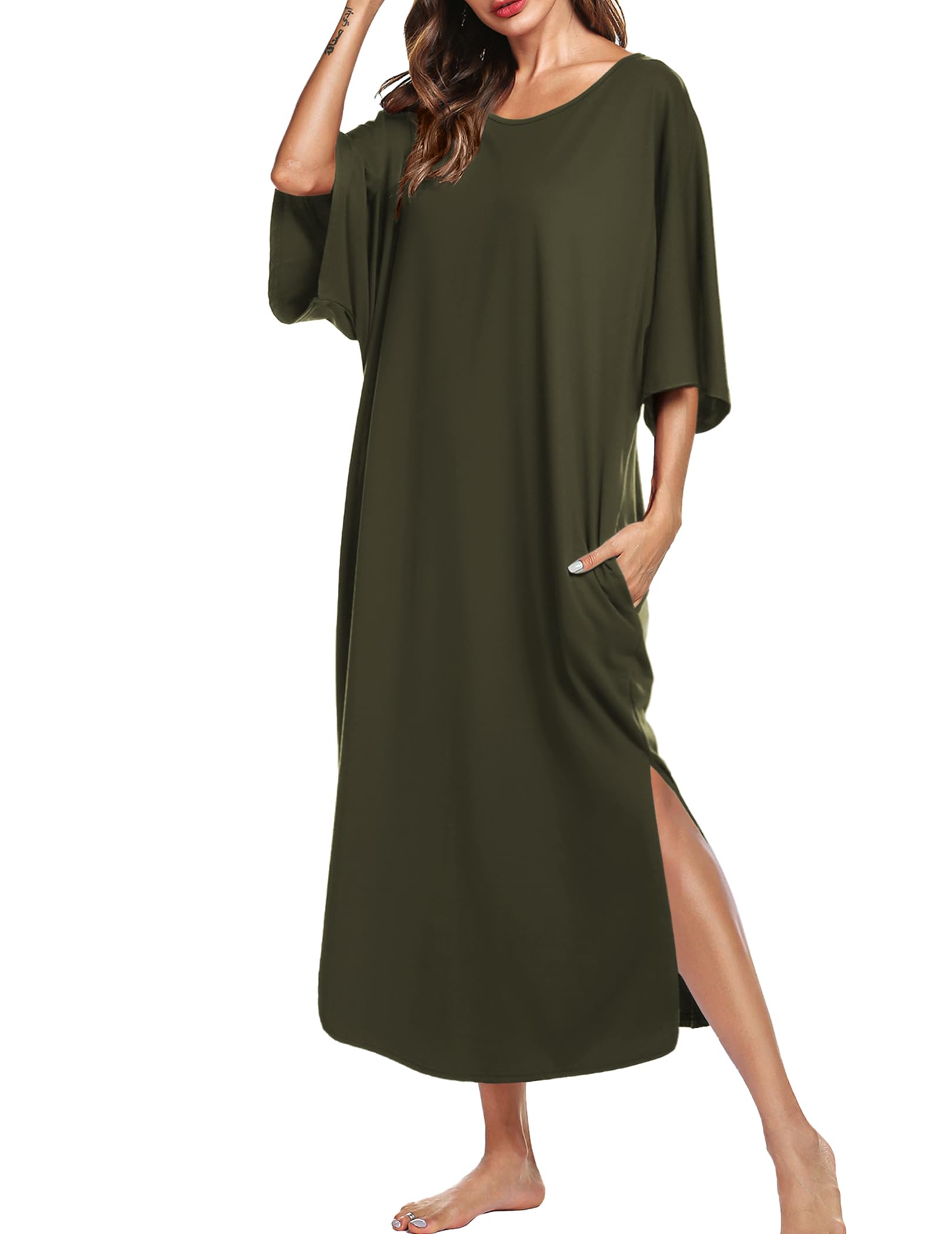 Ekouaer Long Nightgowns for Women Short Sleeve Night Gowns with Pockets | Casual Maxi Lounge Dress, Round Neck Sleep Dress, Plus Size House Dress, Side Split Sleepshirts for Lounging, Home, Party