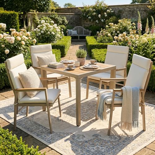 Yihomfy Ensemble de Salle à Manger de Jardin 4 Places avec Table et Chaises - Structure en Acier Galvanisé, Plateau WPC, Assise Textilène - pour Jardin et...