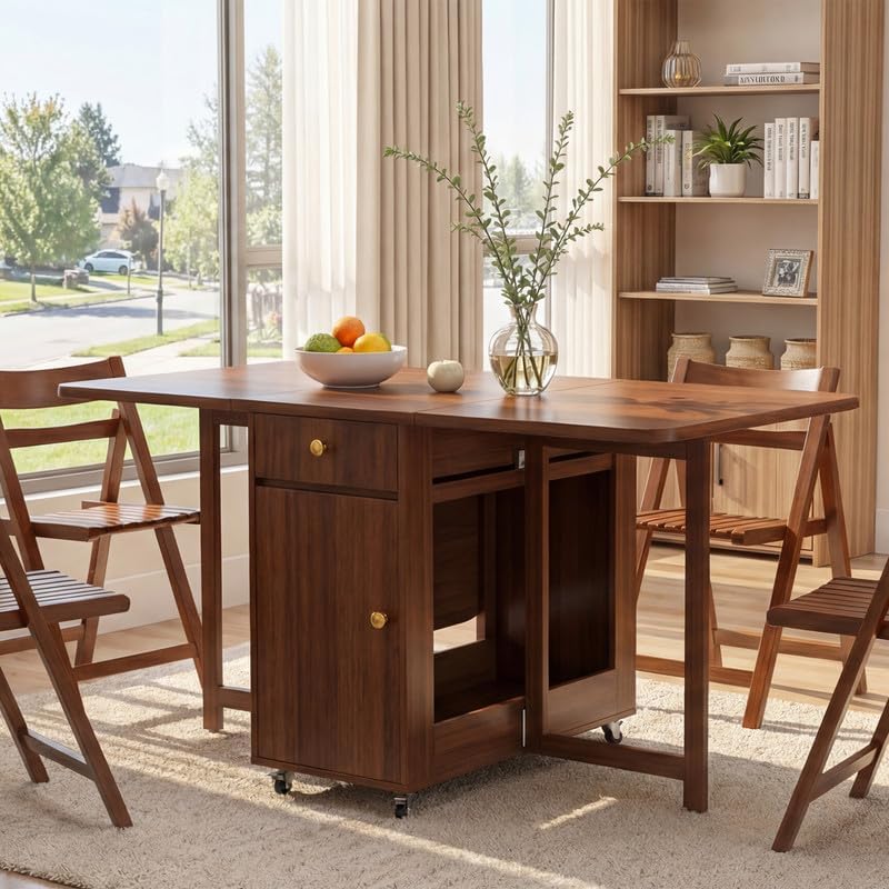 Folding Table and Chairs - Drop Leaf Foldable Dining Room Table Set for 6 with Storage and Lockable Wheels, 59" Fully Assembled Solid Wood Space-Saving Kitchen Set with 6 Chairs (Walnut)