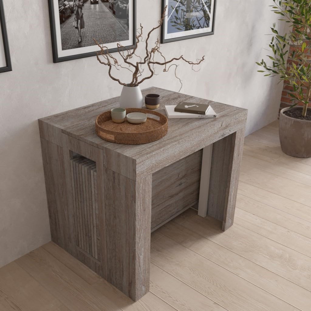 VE.CA - PLUTONE - Tavolo Consolle - Consolle allungabile Con Porta Prolunghe Allungabile da 70 a 590cm - Rovere vintage - Ideale come consolle ingresso, tavolo da pranzo, arredo - Made in Italy