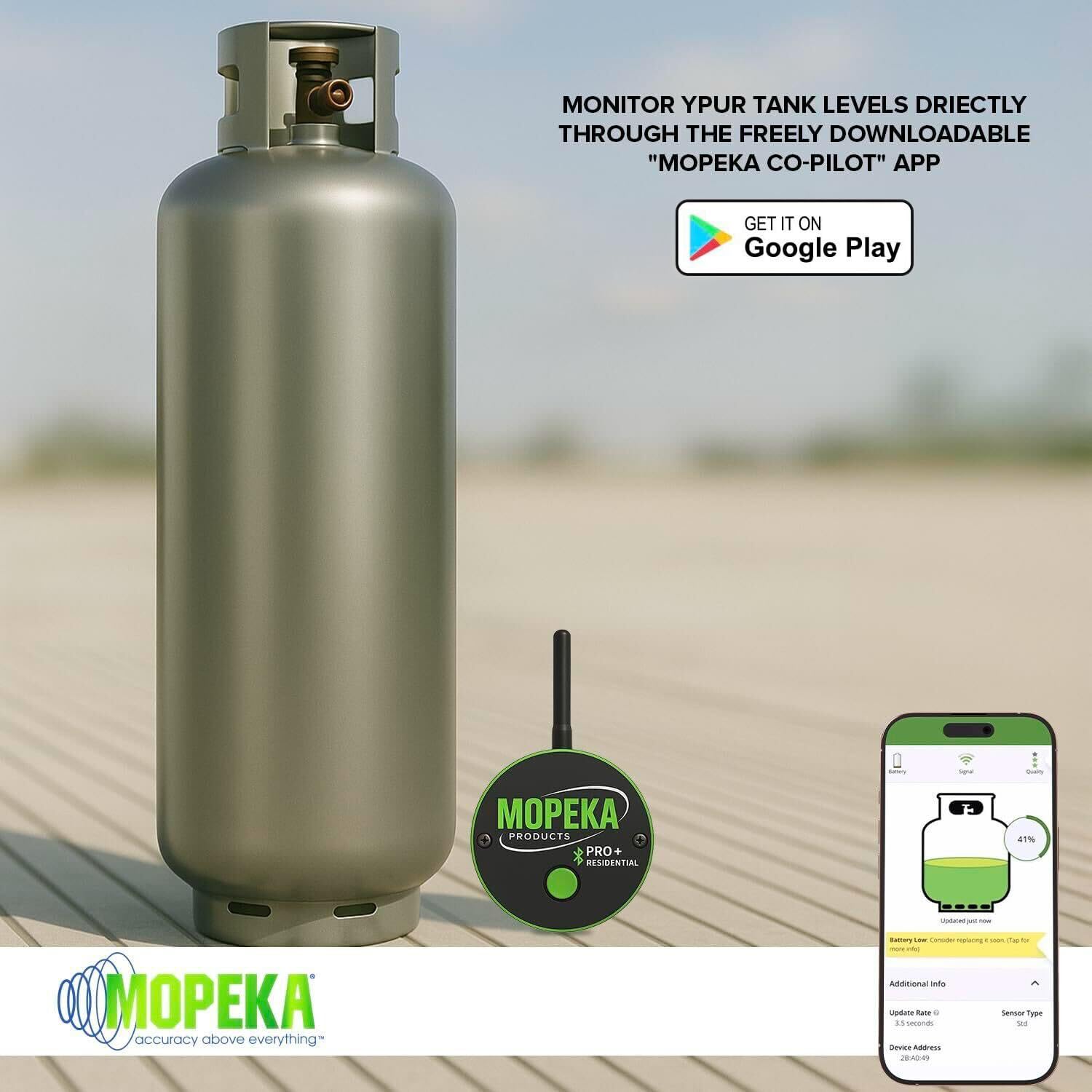Mopeka PRO+ LR - Monitor inalámbrico de tanque de propano para tanques de GLP residenciales y sobre el suelo, indicador de nivel de tanque de propano, sensor de tanque de propano Bluetooth,