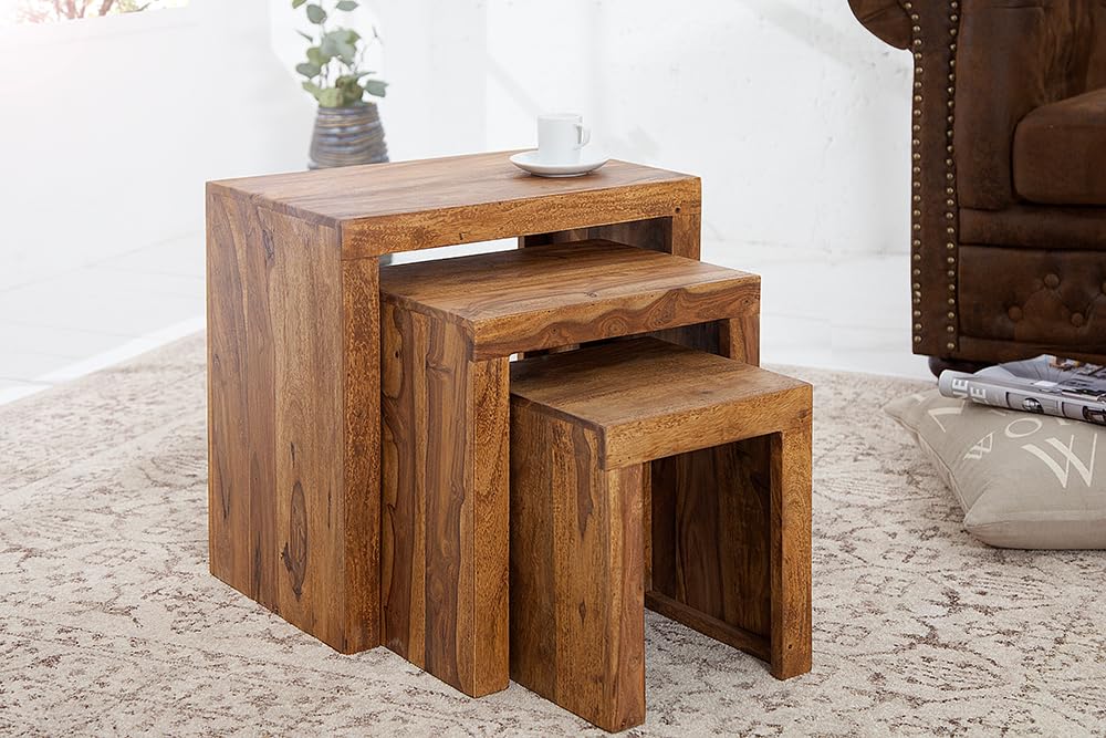 invicta INTERIOR Massives 3er-Set Beistelltische MAKASSAR Sheesham Stone Finish Couchtische Massivholz Holztische Tische Satztische Wohnzimmertische