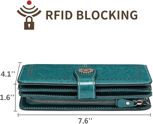 Miniatura 6 de Cartera grande con bloqueo RFID para mujer, cartera de piel sintética con cierre a presión, soporte para tarjetas de crédito de 3 páginas, 3 ranuras