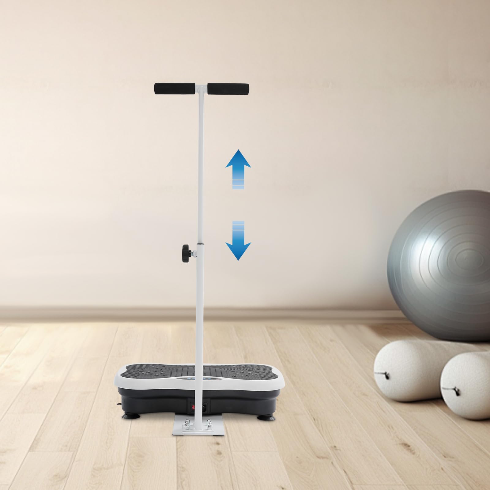 Vibrationsplatte Mit 120 Intensitätsstufen, 10 Trainingsmodi, Fernbedienung | LED-Anzeige Rüttelplatte mit Widerstandsbänder, Verstellbaren Haltestange, Ganzkörper-Vibrationsplatte für Zuhause