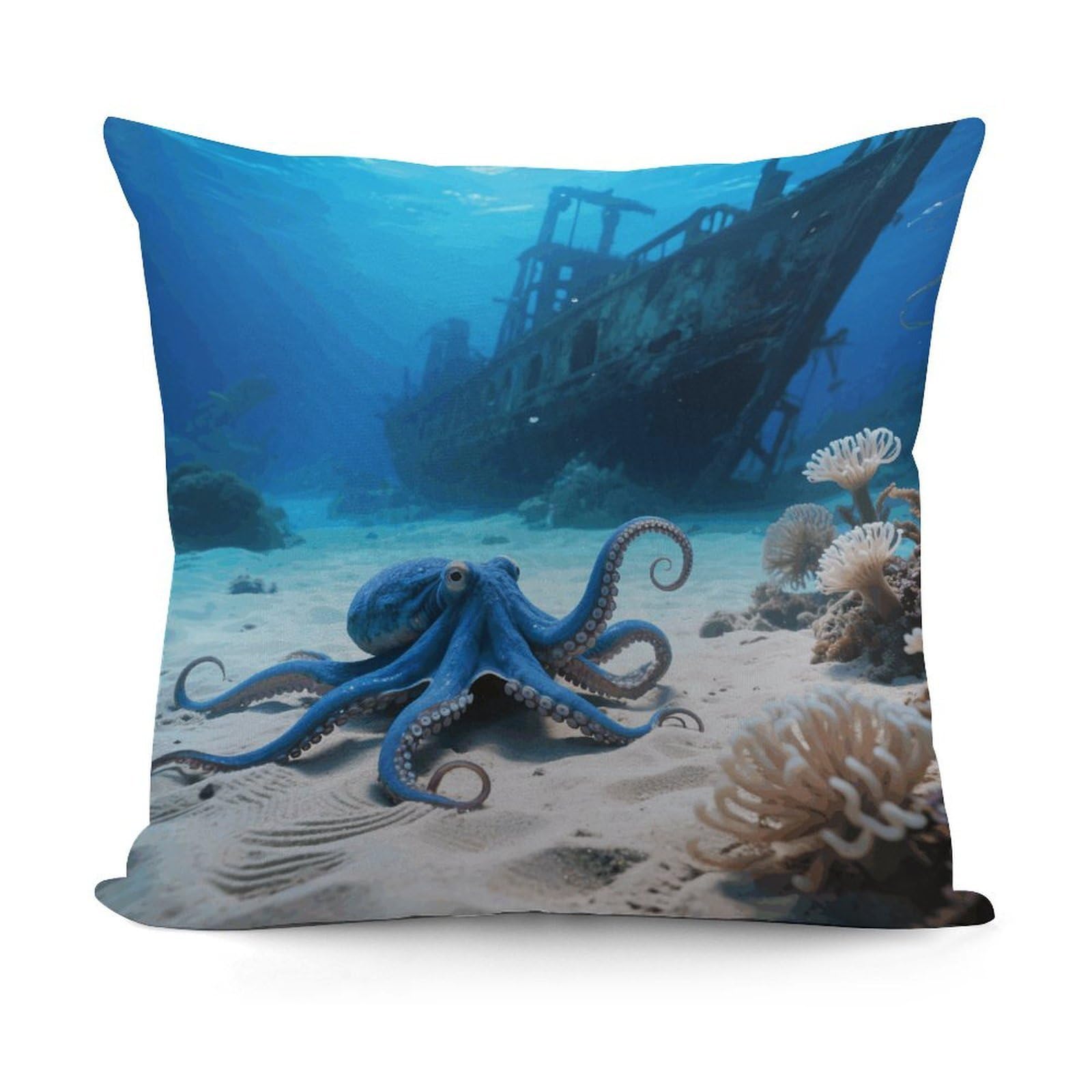 VstaDank Octopus and Ship Pillow Cover with Invisible Zipper Square Throw Pillowcase Plush Couch Sofa Pillow Case 18x18 Inch Decorative Throw Cushion Covers for Sofa Living Pillowcover