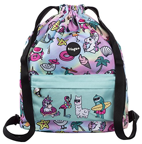 FRINGOO® Sac à Cordon Enfants, Grand Sac à Dos d'École, Sac de Sport, Pochette Frontale à Fermeture Éclair