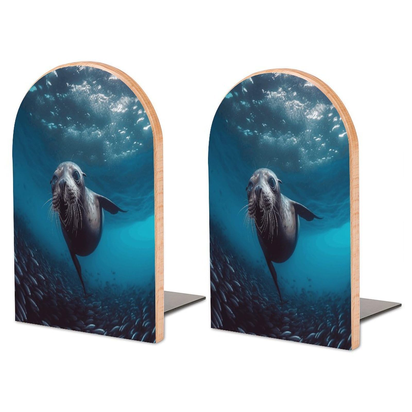 Underwater Sea Lion Wood Bookend for Shelves 1 Pair