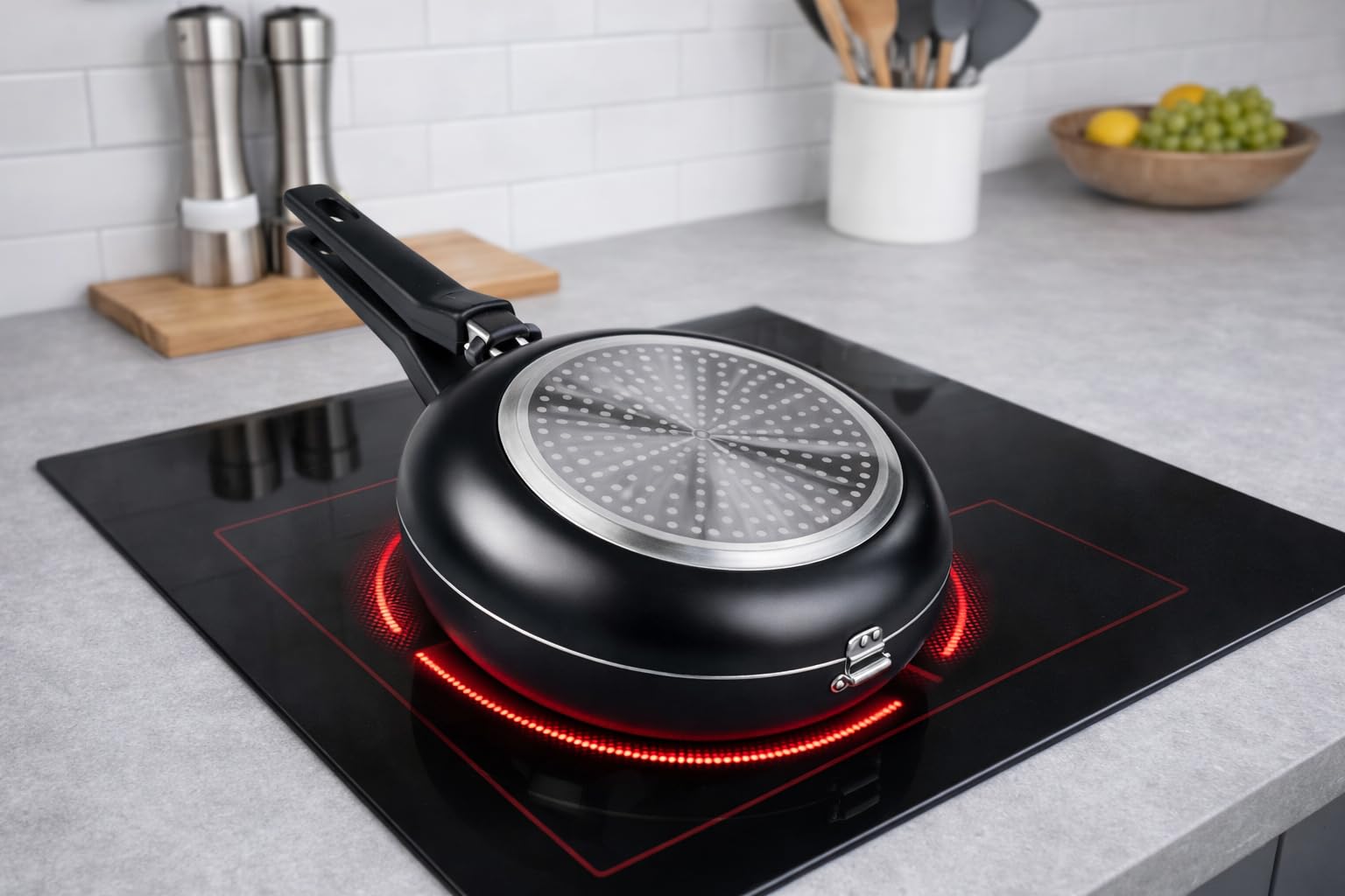 LS Kitchen - Doble Sartén Voltea Tortillas Volteo Fácil y Seguro - Sarten para Tortilla Patatas Jugosa - Sarten Doble para Tortillas - Vitro e Inducción - Diámetro 24 cm - Negra