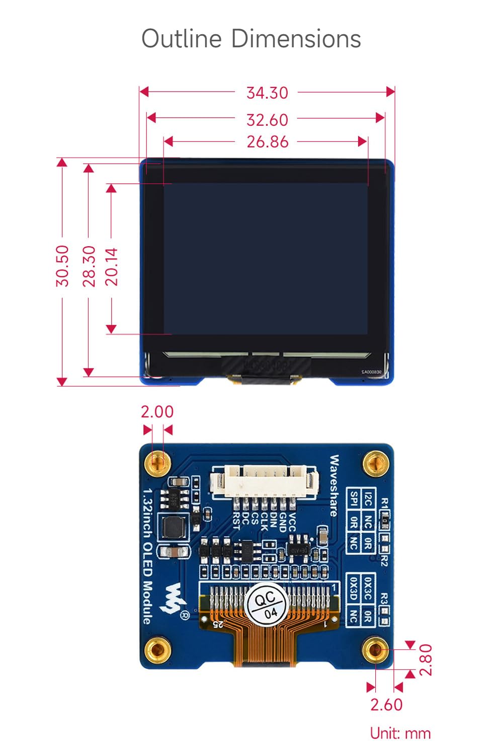 Waveshare 1.32inch OLED Display Module Compatible with Raspberry Pi, 128×96 Resolution, 16 Gray Scale, SPI / I2C Communication