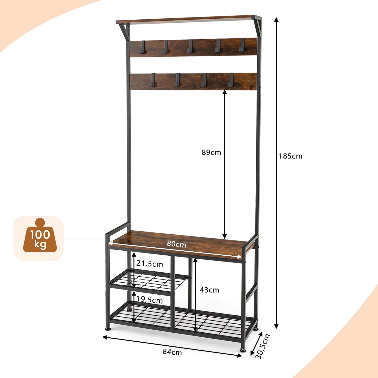 Industriële Kapstok - Garderobe met Kledingrek - 1 stuk - Notenbruin