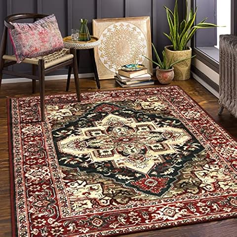 Traditional Collection Area Rug 4x6 ft LEEVAN Persian Oriental Vintage Floor Carpet Non Slip Washable Medallion Rugs Distressed Floral Accent Throws for Living Room Bedroom Dinner Room-Red Cover