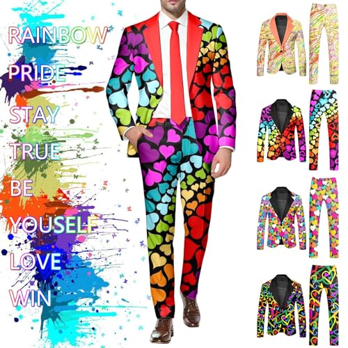YOSUWOAI Anzug 2 Teiler Herren Slim Fit Anzugjacke Anzughosen Zweiteiler Set Lustig Regenbogen Anzug Blazer Set Festliches Outfit Disco Nachtclub Kostüm Rainbow Herrenanzug – Bild 3