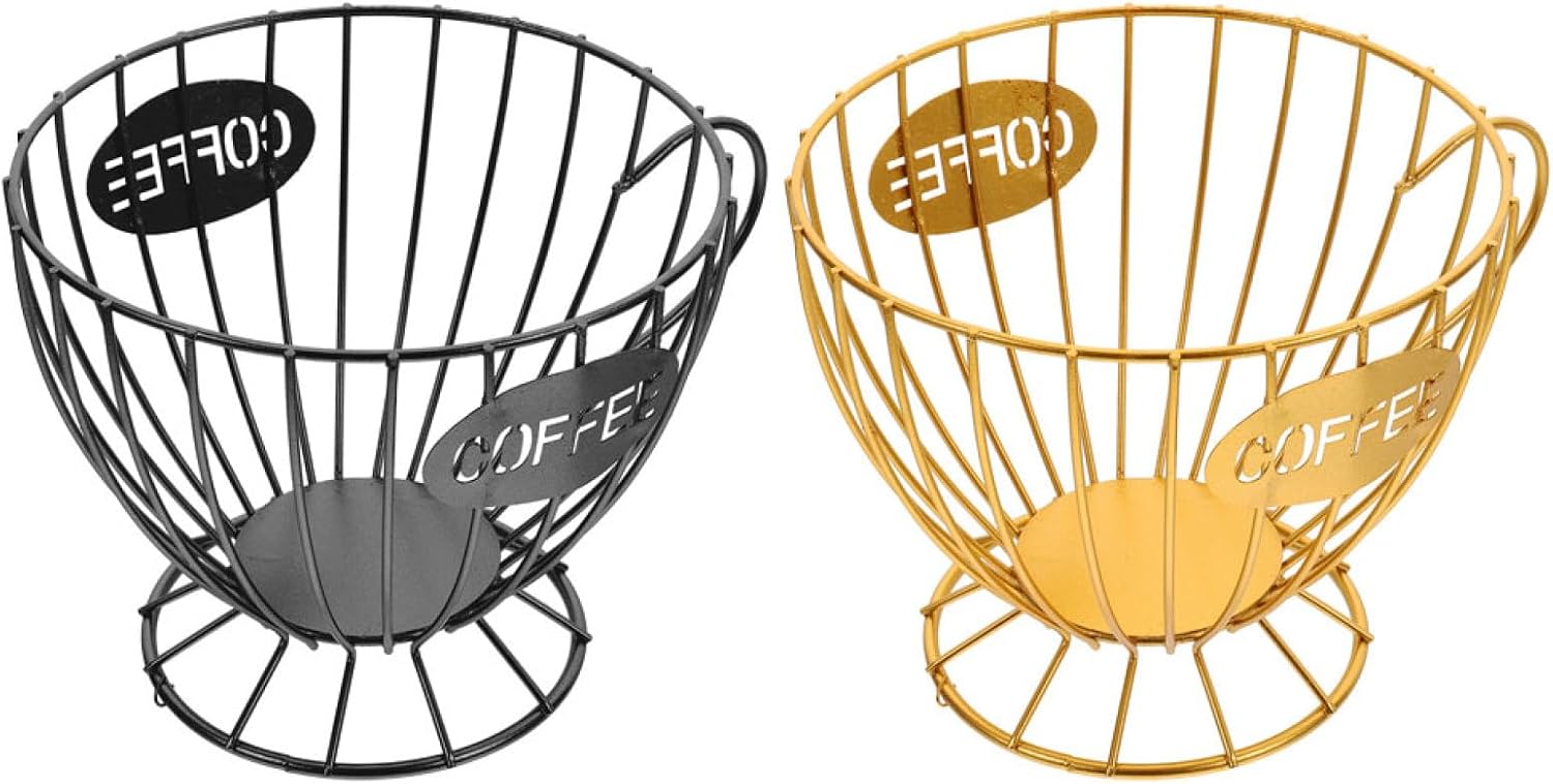 2pcs Coffee Pod Holder and Fruit Storage Basket, Hollow Metal Organizer with Large Capacity, Desktop Coffee Capsule and Fruit Basket for Kitchen Counter Use, Gold and Black
