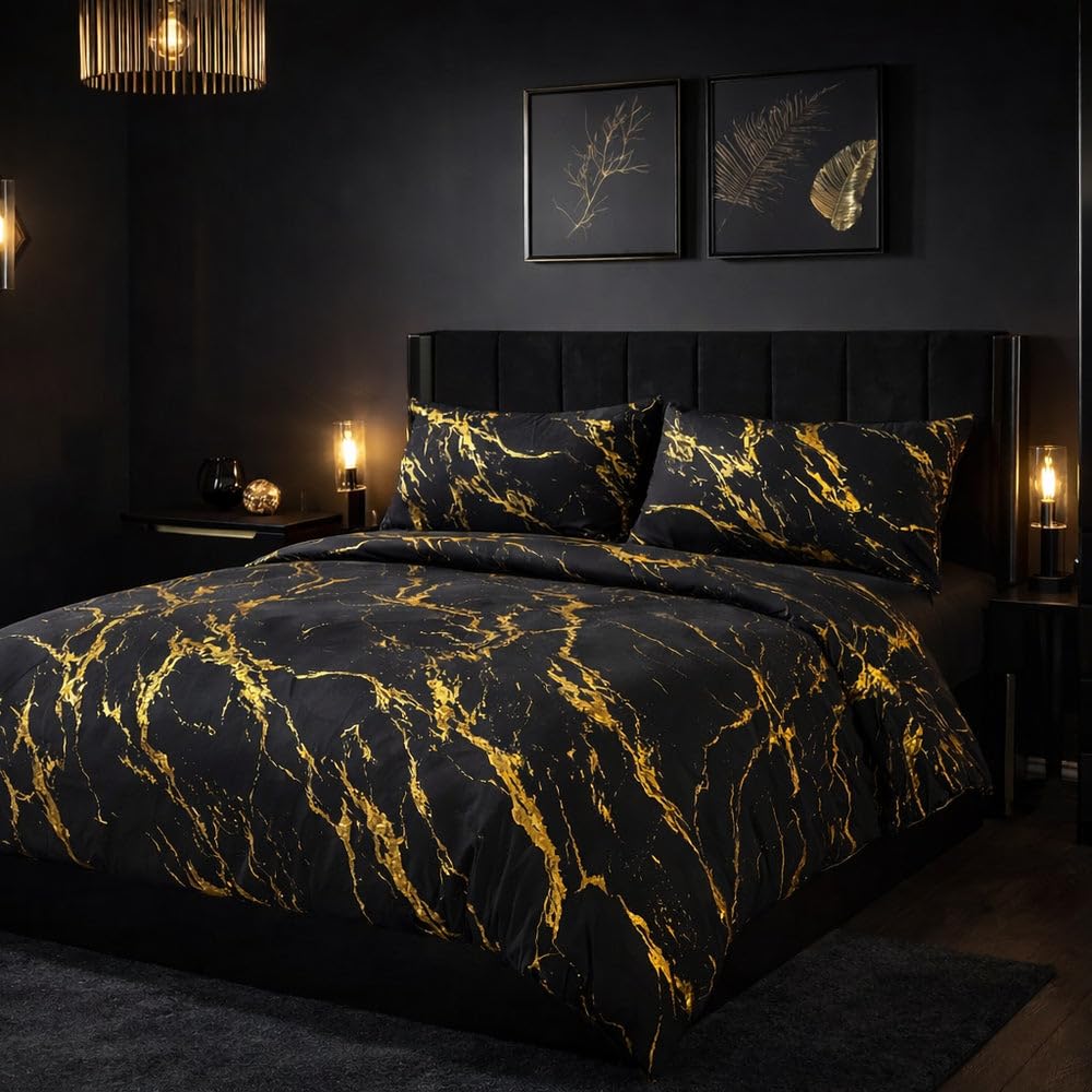 John Aird Elyse Duvet Cover Set Black With Gold Marble Foil Bedding Quilt Set (Black/Gold, King)