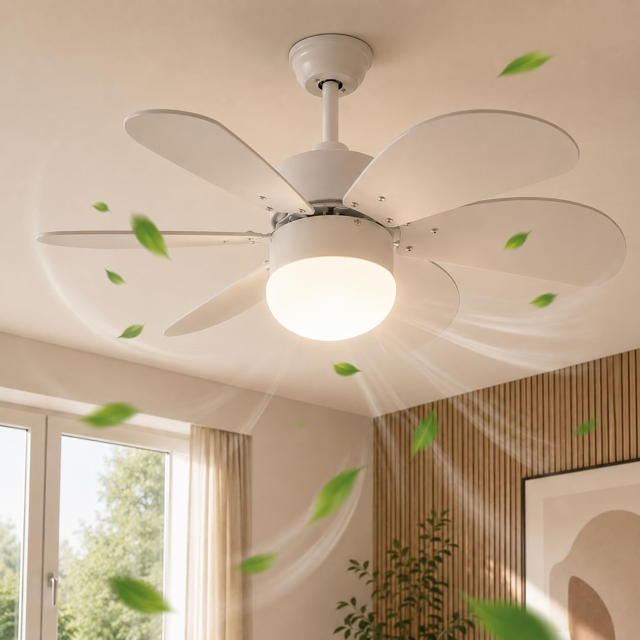 Homefire Deckenventilator Mit Beleuchtung und Fernbedienung Leise - Deckenlampe Wohnzimmer 6 Flügeln Ventilator Ø75 cm Timing Deckenleuchte Fan Sommer-/Winter für Schlafzimmer Küche Esszimmer/Weiß