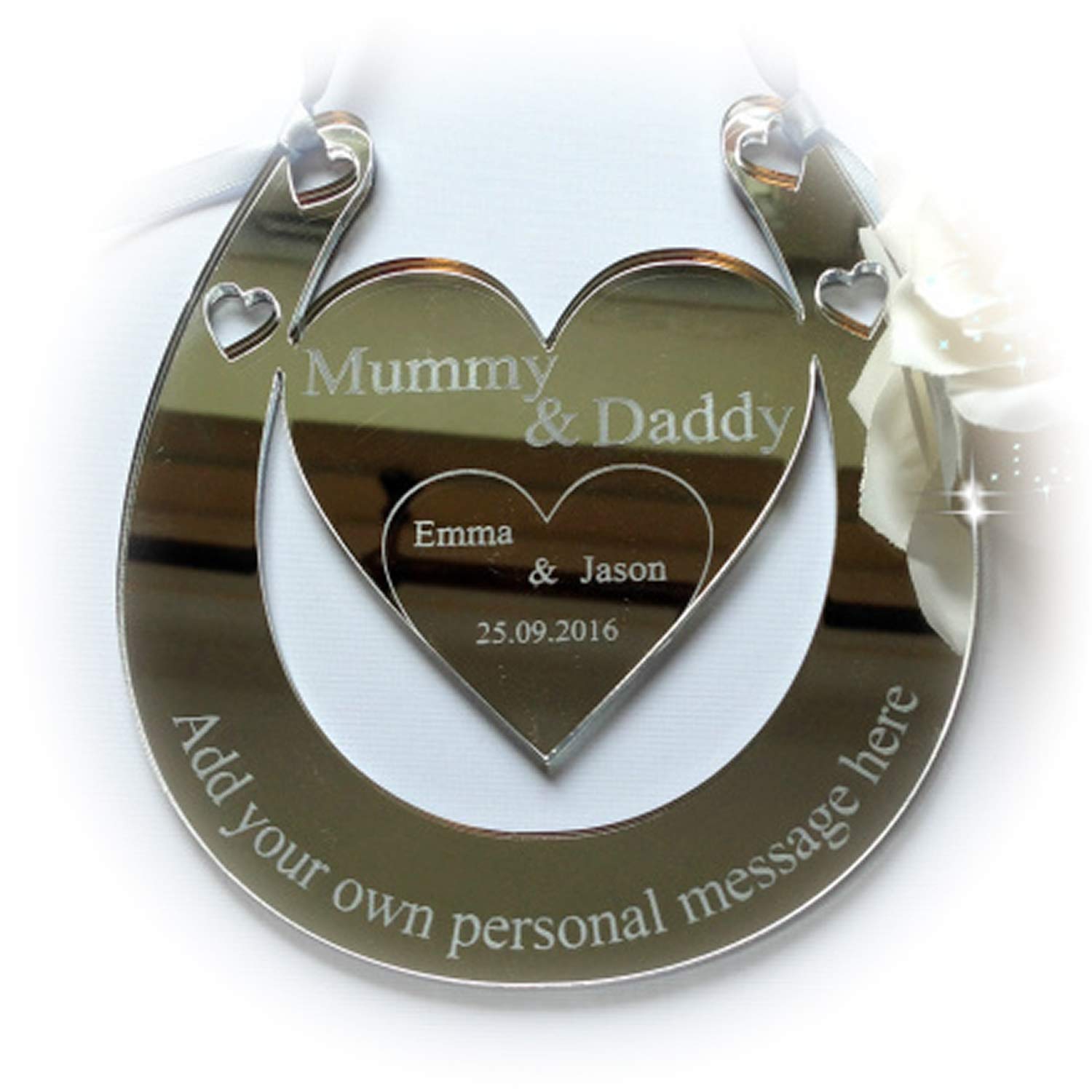A Gift For You UK Personalised 3mm Silver Mirror Acrylic Mummy & Daddy horseshoe. 129mm x 116mm. Good Luck Bridal Keepsake B12