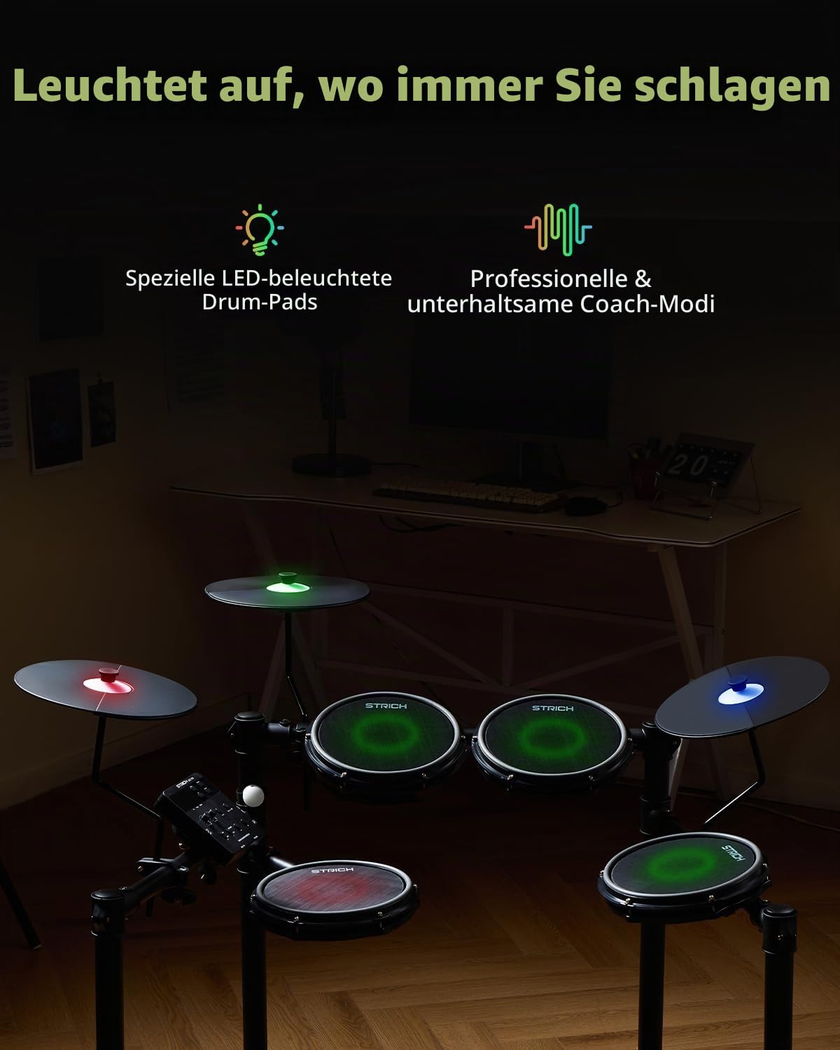 STRICH Elektronisches Schlagzeug E-Drum Set mit Mesh Heads, LED Drum Pads, USB MIDI, faltbares Electronic Drum Kit mit Drumhocker, Kopfhörer und Drum Matte für Anfänger & Home Practice, SED-T03