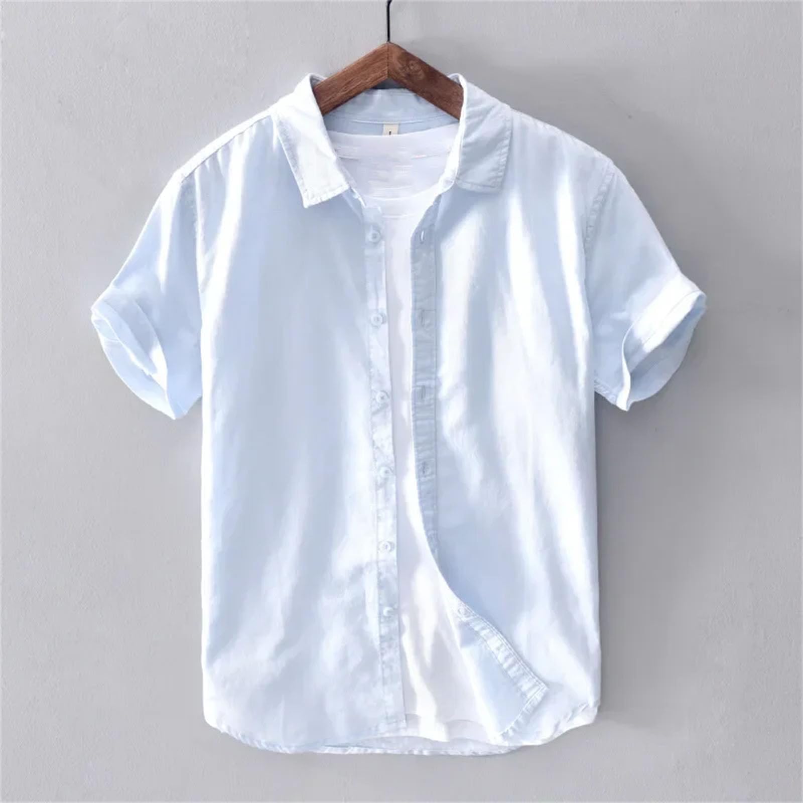 Camicie a maniche corte in lino di cotone per gli uomini casual moda gialla girare giù collare top