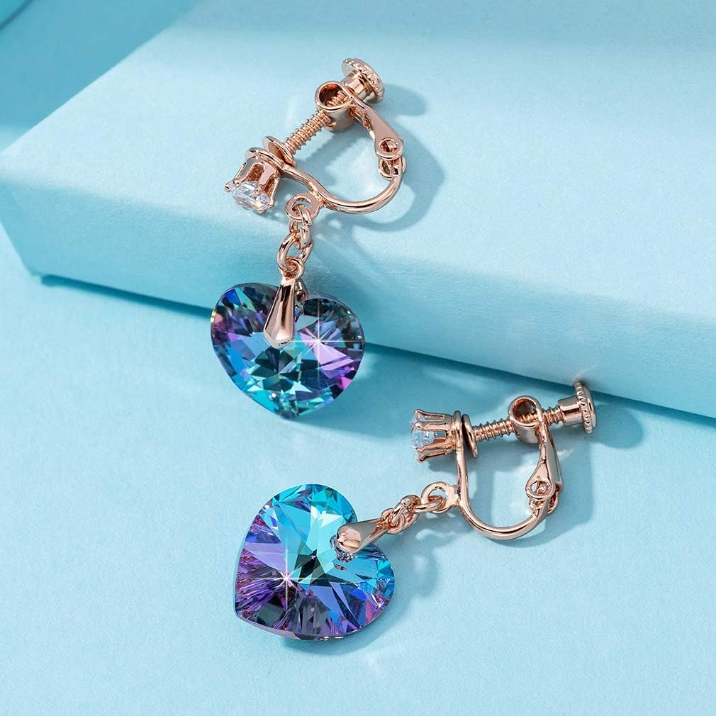 Austrian Crystal Heart Drop Clip On Dangle Earrings for Women Non Pierced 14K Rose Gold Plated Hypoallergenic Jewelry - Image 3