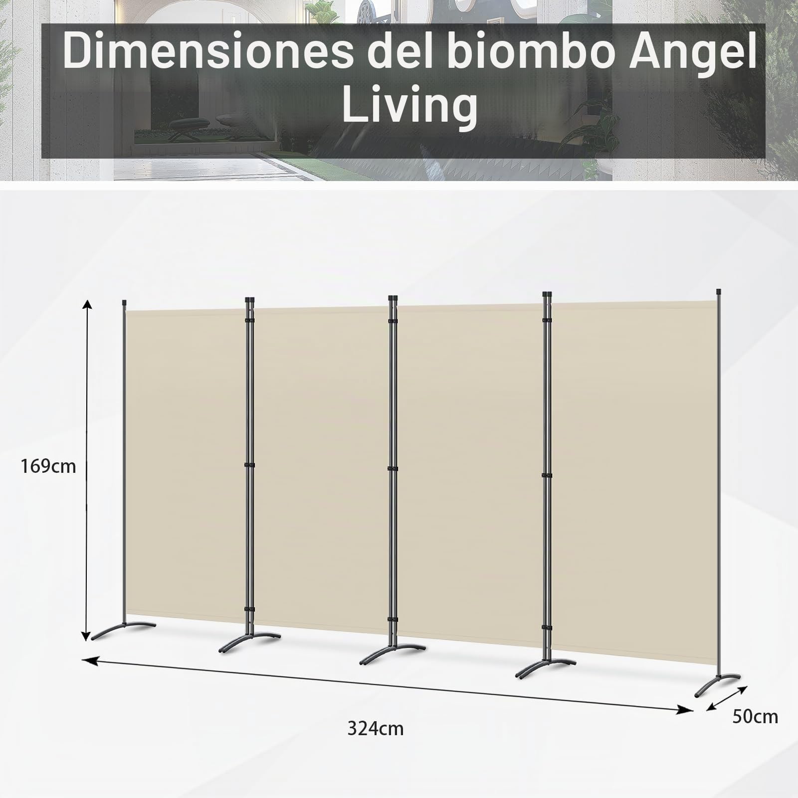 Angel Living Biombo Grande de 4 Paneles, Decoración Elegante, Separador de Ambientes Plegable, Divisor de Habitaciones, 324x169 cm (Beige)