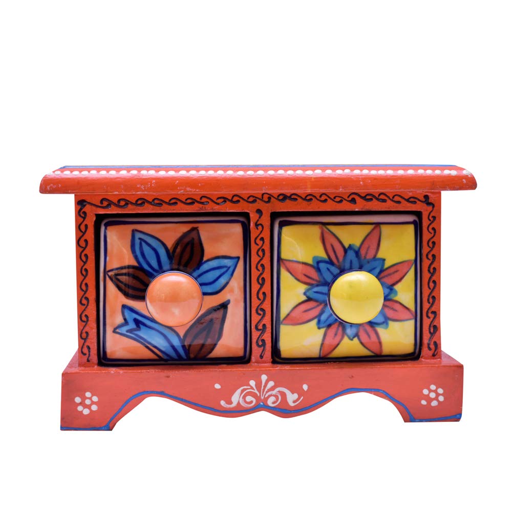 Shriyam Craft India Hand Decorated Embossed Painting Handmade Wooden and Ceramic 2 Drawers Small Chest Jewellery Organizer Desk Table (10 x 17 x 10 cm, Brown Color)-image-33
