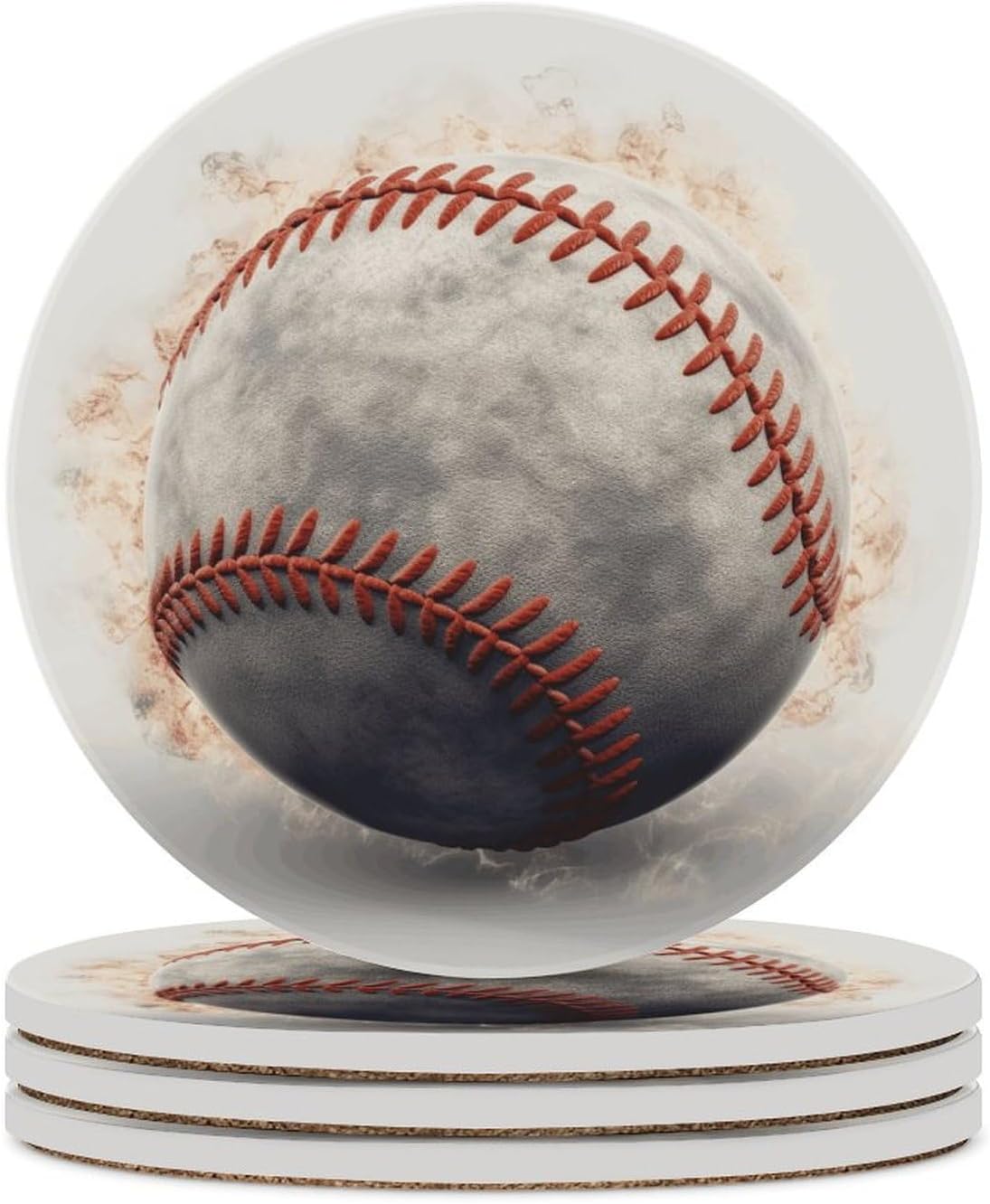 Baseball Coasters for Drinks Absorbing Round Ceramic Stone Coaster with Cork Base Coffee Cup Beverage Table Cup Mat Modern Style Bar Coaster Set for Home Decor