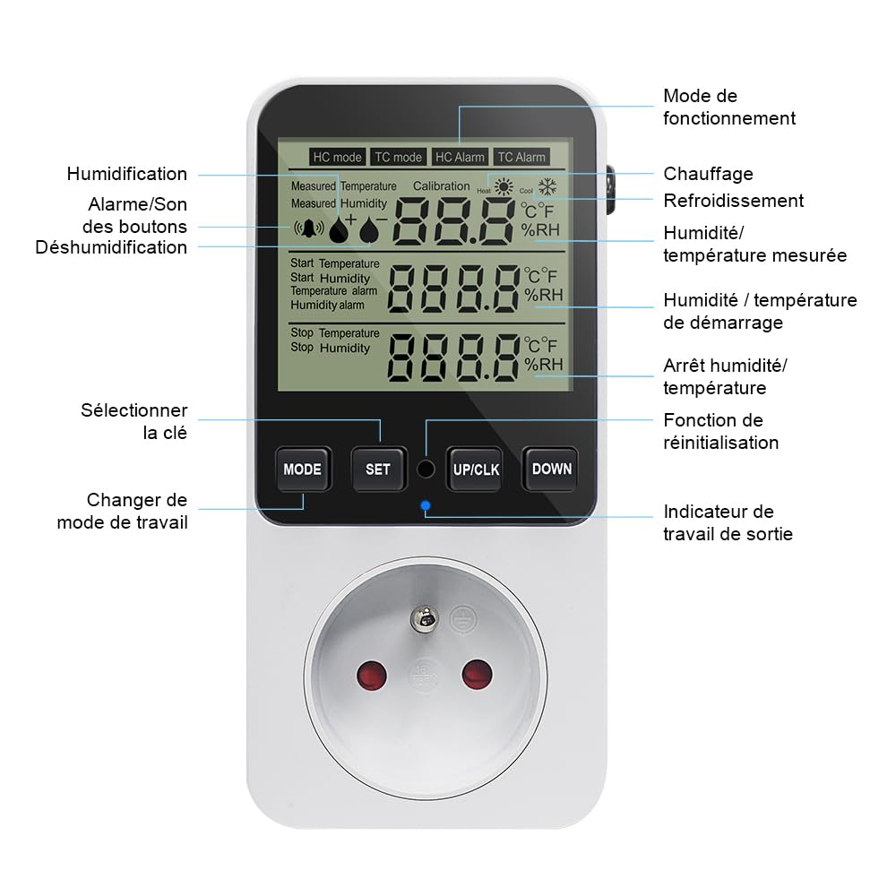 KETOTEK Digital Contrôleur Humidité/Température, Prise Hygrostat avec Sonde, Regulateur D'humidité 230V avec Alarme pour Incubateur Serre Humidificateur Déshumidificateur
