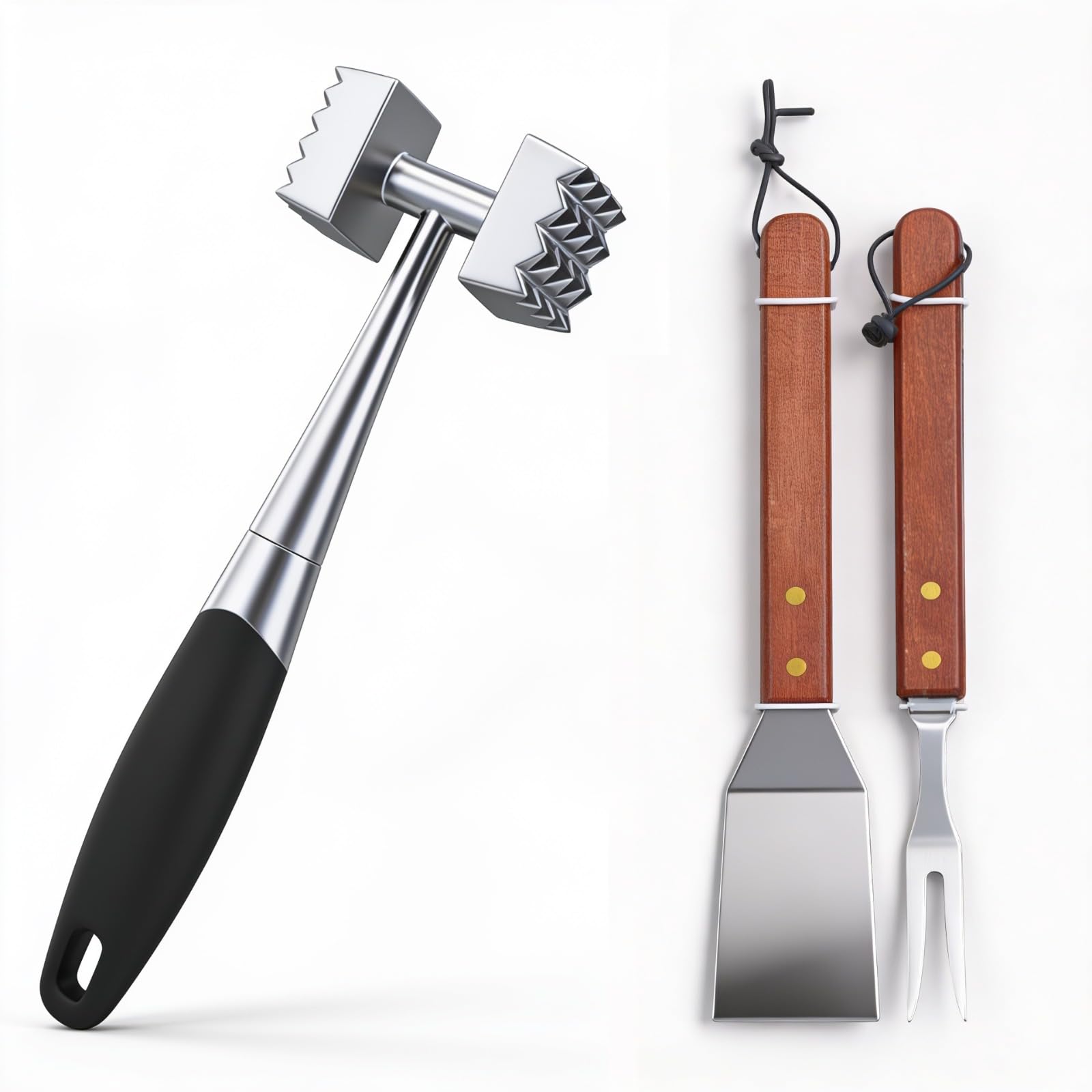 SSH Traders 3 in 1 BBQ & Meat Prep Kit - Heavy Duty Dual-Sided Meat Tenderizer Mallet Hammer with Stainless Steel Spatula and Carving Fork, Wooden Handle Grilling Tools Set for Steak, Poultry