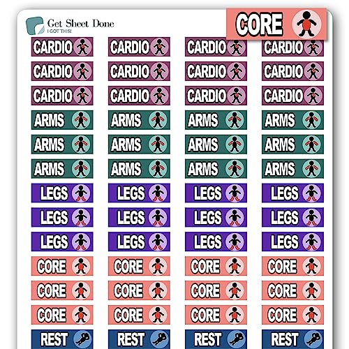 Workout Planner Sticker / 60 Fun Vinyl Stickers (3/4”)/Cardio legs arms rest core days rotation/Health Wellness Fitness Exercise/Essential Productivity Life Planner/Bullet Journaling (One Sheet)