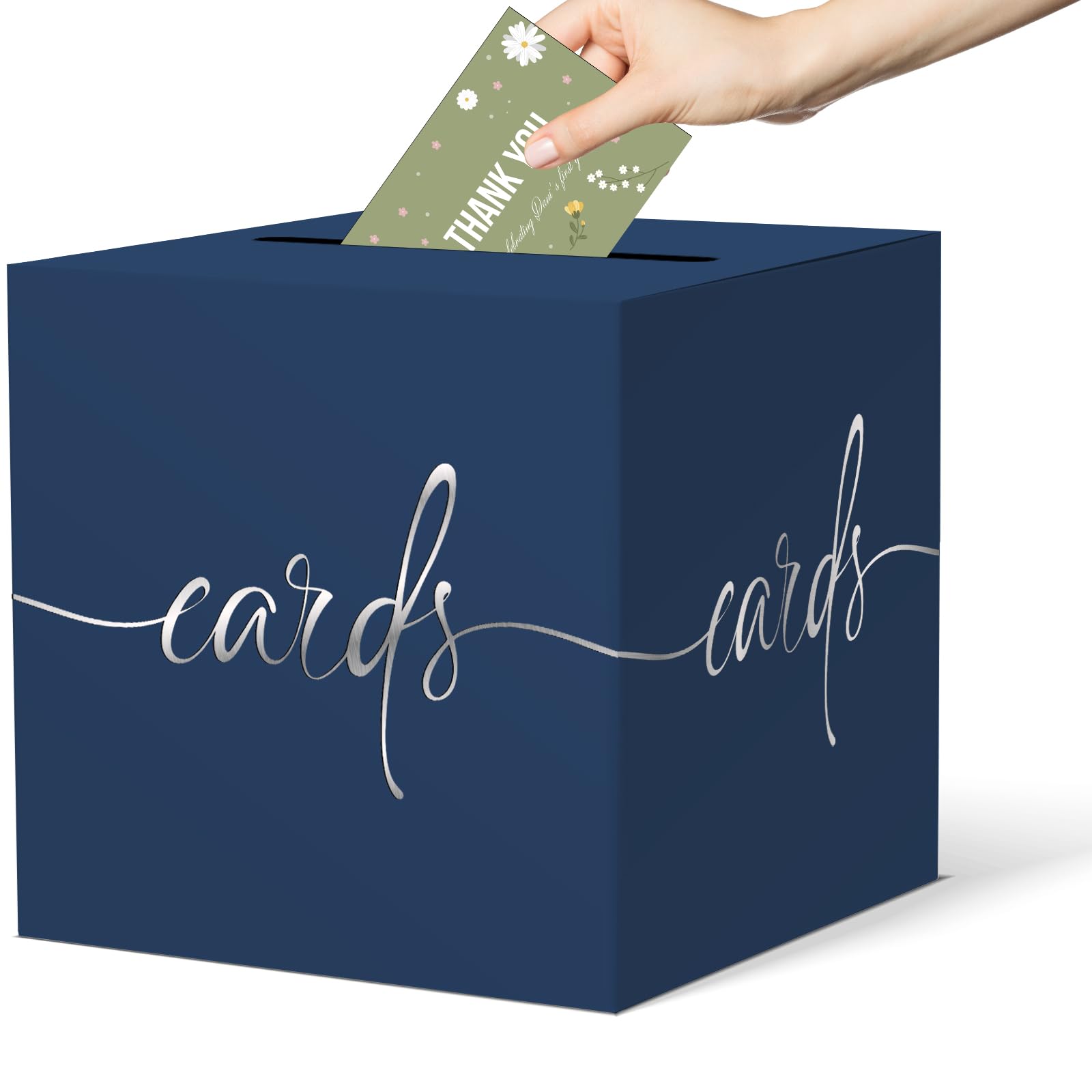 2 Pack Navy Blue Card Box with Silver Foil Design, Paperboard 8.7" Card Box for Birthday Wedding Party Graduation Retirement Anniversary Valentine's Day &amp; Baby Showers, Raffle or Money Box